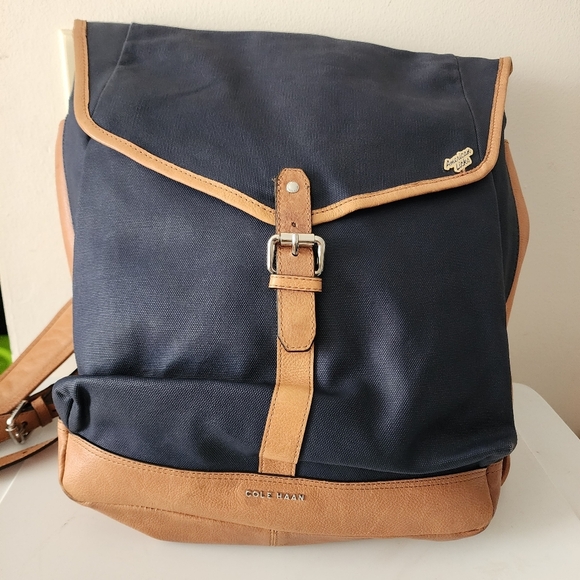 Cole Haan Navy Blue Marshall Canvas Leather Backpack - Picture 4 of 15